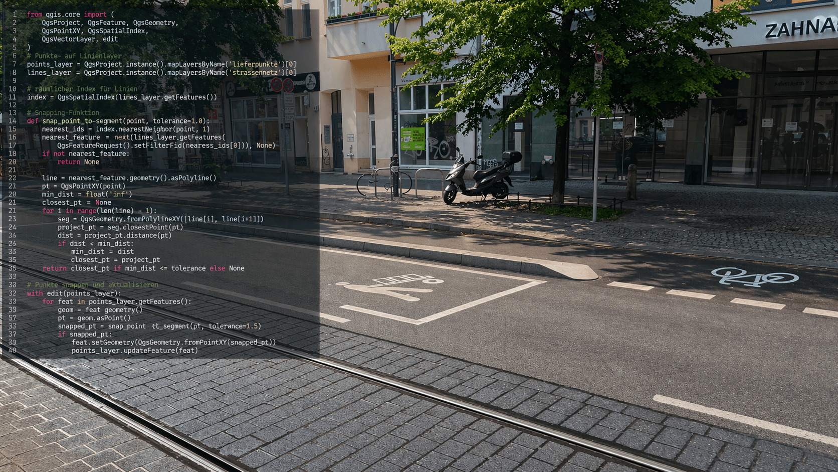 Städtische Straße mit markierter Lieferzone und Fahrradstreifen; trockene Fahrbahn bei sonnigem Wetter, darüber ein transparentes Python-Skript zur GIS-Analyse und Punkt-Snapping.