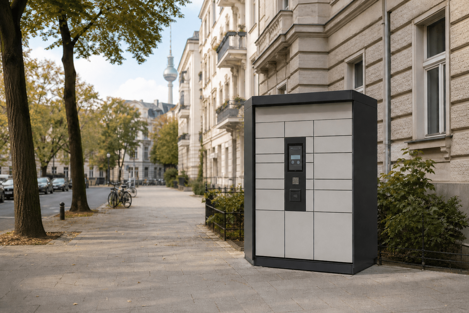 Unmarked parcel locker with a user interface on a Berlin pavement; TV Tower in the background.